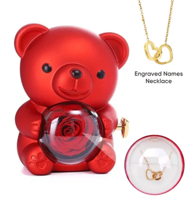 Engraved Necklace with Eternal Rose Bear